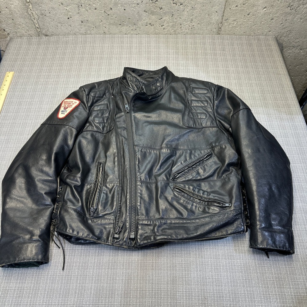 Vintage Custom Motorcycle Leather Jacket Mens XL Black Zip Out Lining *